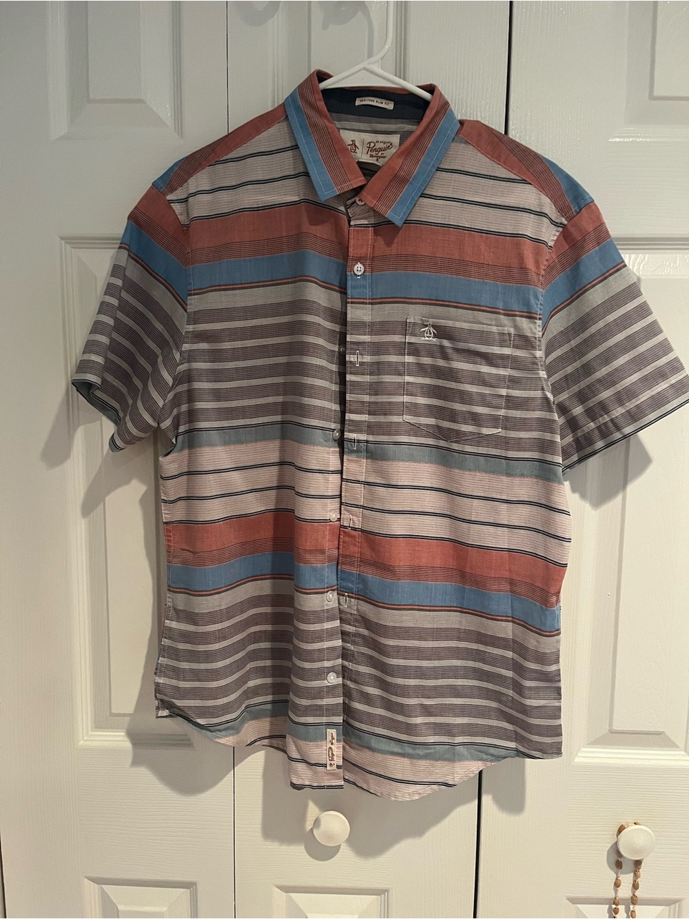Original Penguin Short-Sleeve Striped Button-Down in Rust, Blue & Gray